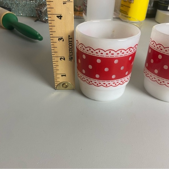 Polka Dot Lace White Red FireKing Coffee Cups Stacking Set Of 2 Vintage USA - Picture 3 of 7
